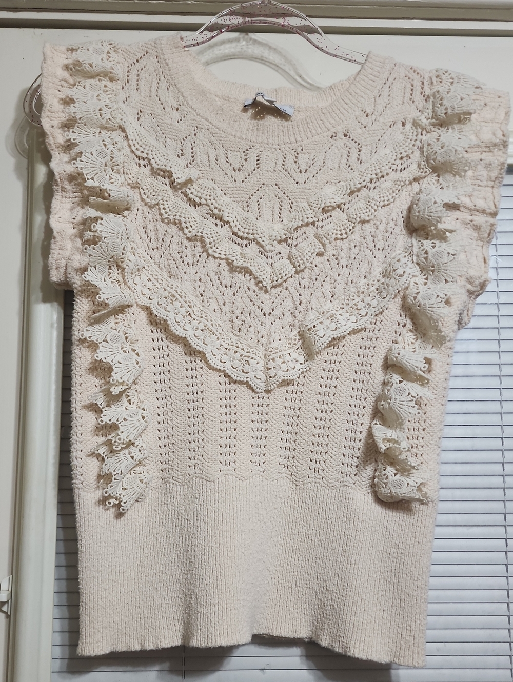 Textured Cream Crochet Ruffle Sweater Tank